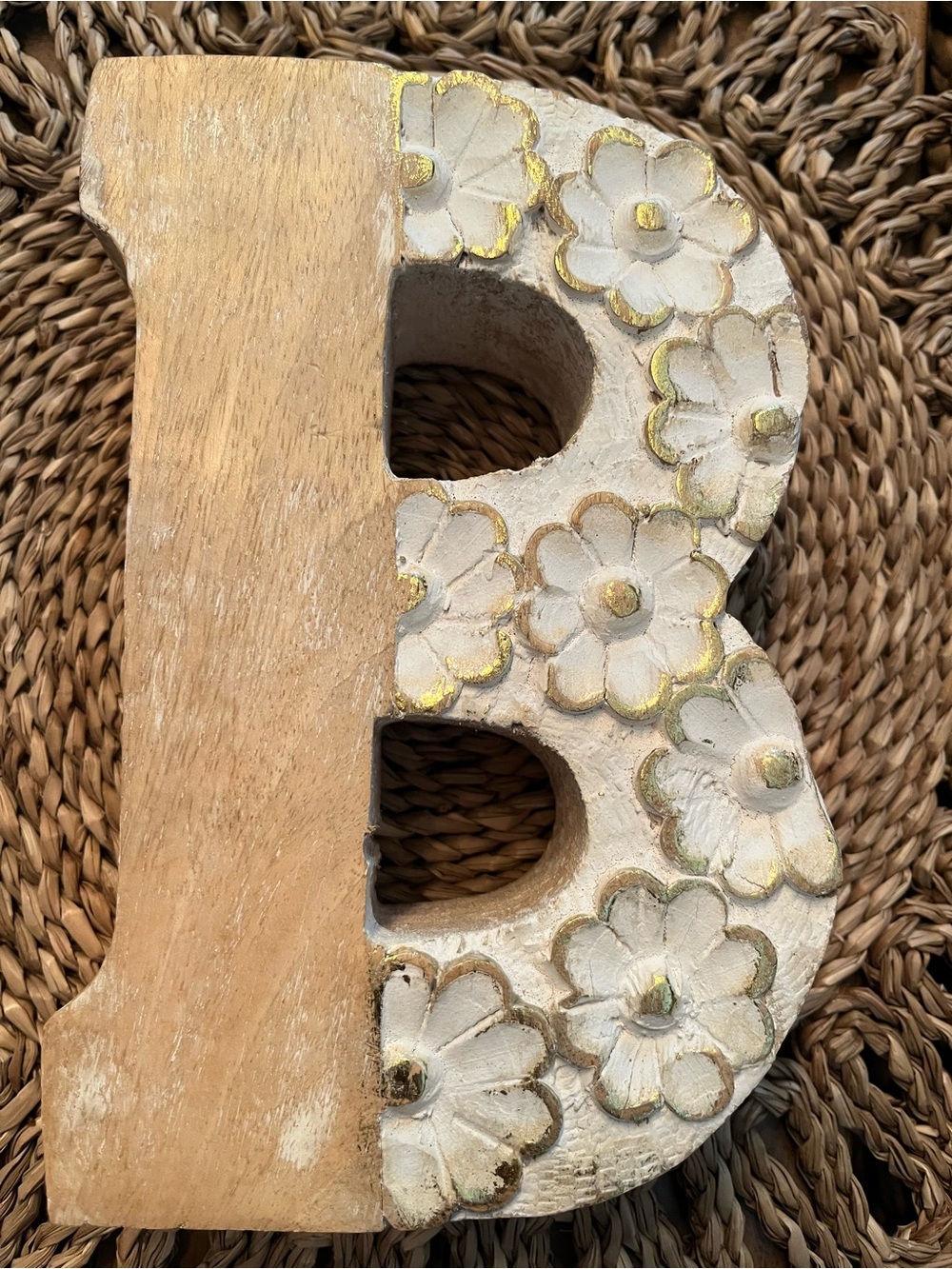 Wooden Decorative Letter B with Carved Flowers - White & Natural